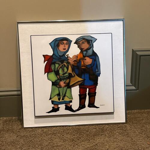 21" x 21" Joe Tripetti &ldquo;Pleasant Peasants&rdquo; Silver Cloisonn&eacute; Enamel Artwork