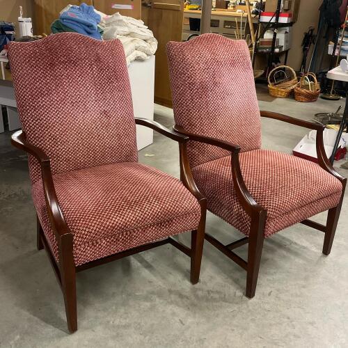 Vintage Pair of Martha Washington Federal Mahogany Upholstered Armchairs