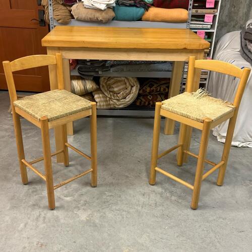 Wood Butcher Block Table with Pair of Rush Seat Bar Stools