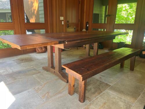 Gorgeous Rustic Wood Trestle Dining Table with Two Leaves Matching Bench