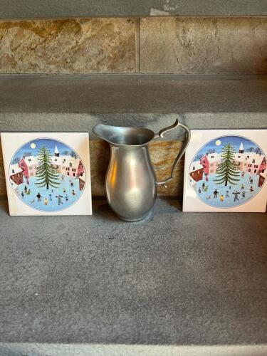 Woodbury Pewterers Pitcher and Pair of Tiles Marked France