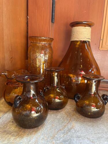 Amber Glass Vases with Trio of Hand-Blown Small Vases