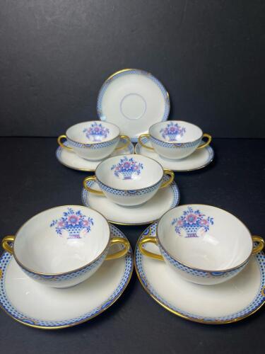 Limoges Bouillon Cups and Saucers with Floral Motif