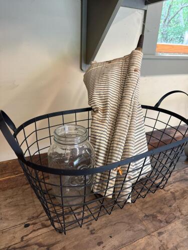 Wire Basket, Large Mason Jar, and Antique Textile with Wood Rods