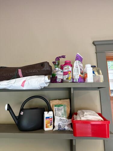 Assorted Garden Supplies, Fertilizers, Watering Can, Tarps, Cloths