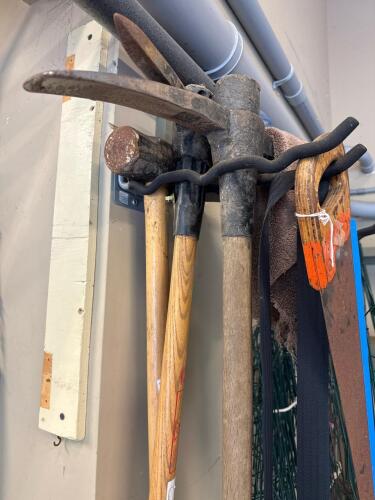 Assorted Hand Tools: Sledgehammer, Pickaxe, Saw - Razorback and Others