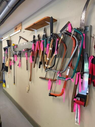 Assorted Hand Tools: Shovels, Saws, Brooms, Pruners, and Rakes