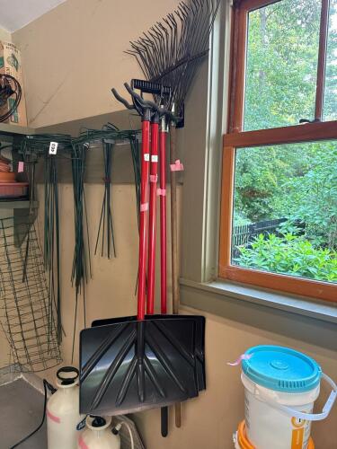 Assorted Garden Rakes and Snow Shovels