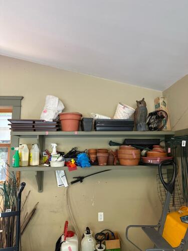 Assorted Garden Supplies Including Terra Cotta Pots, Owl Decoy, Seed Starting Supplies, Etc.