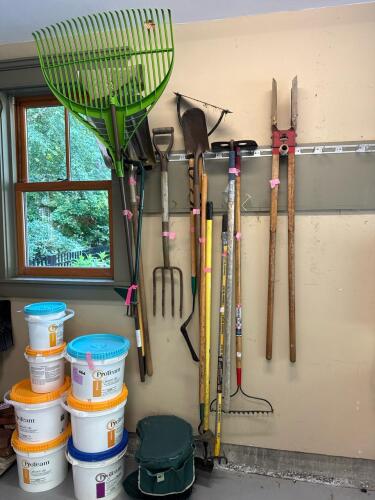 Garden Tools Assortment Including Rakes, Shovels, Spade Forks with Empty Buckets with Lids