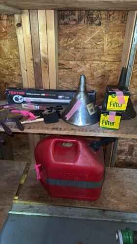 Assorted Tools and Supplies: Tekton Torque Wrench, Funnels, Oil Filters, Gas Can, Paint Brushes