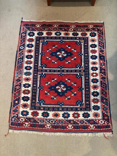 Hand-Knotted Wool Rug in Geometric Pattern