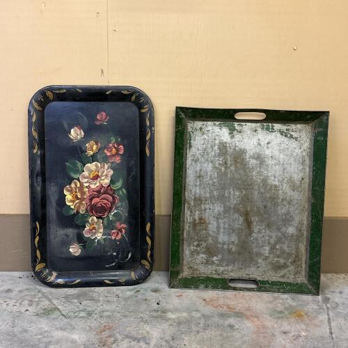 Pair of Painted Metal Trays - Toleware-Style and Green Rustic