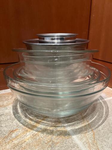 Duralex and Pyrex Glass Mixing Bowls with Stainless Steel Bowls