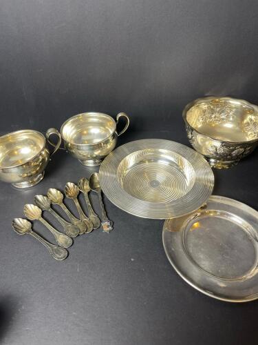 Assorted Bowls, Plates and Spoons, mostly Silverplated