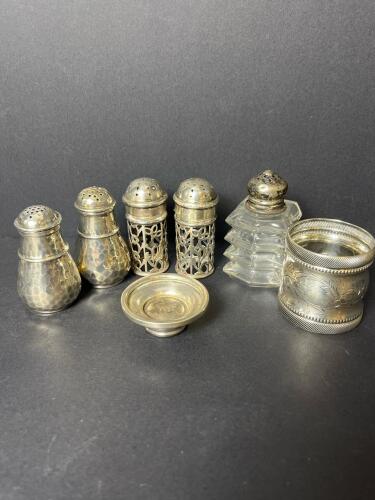 Sterling Silver Salt and Pepper Shakers, Napkin Ring, Sterling Foot