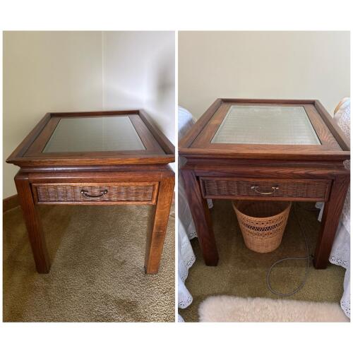 Square Wood and Wicker End Tables with Glass Top Panels