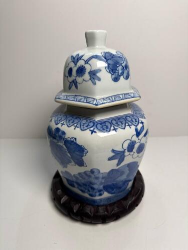 Blue and White Lidded Ginger Jar with Wooden Stand