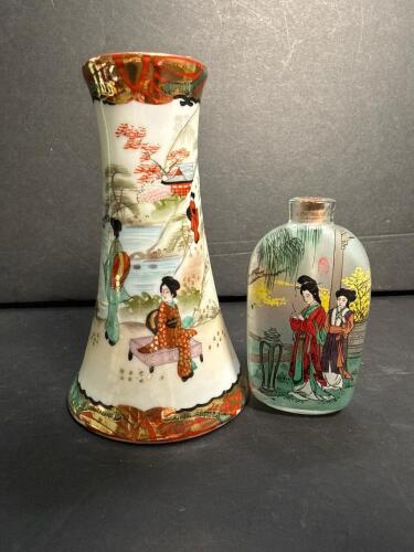 Japanese Kutani "Geisha Girl" Porcelain Hatpin Holder and Chinese Inside-Painted Glass Snuff Bottle