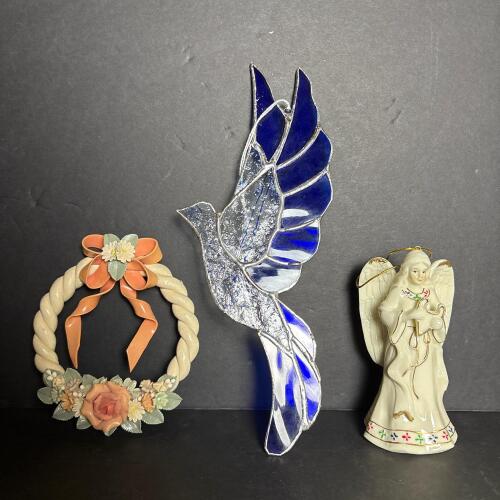 Stained Glass Bird, Ceramic Angel Figurine, & Small Floral Wreath