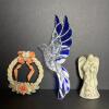 Stained Glass Bird, Ceramic Angel Figurine, & Small Floral Wreath