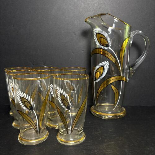 MCM Gold and White Floral Glass Pitcher & Tumblers
