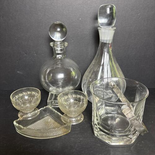 Vintage Clear Glass Lot: Decanters, Ice Bucket, Dessert Cups