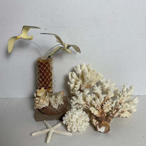 Decorative Seagull Figurine with Coral and Starfish