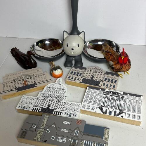 Cat's Meow Wood Blocks, Alessi Cat Food Bowl, & Bird Figurines