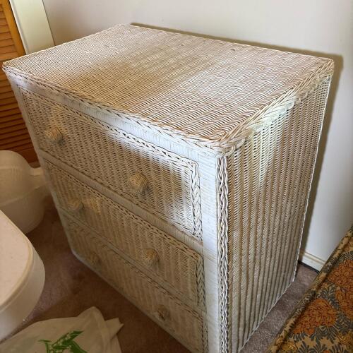 Vintage White Wicker & Wood 3-Drawer Dresser