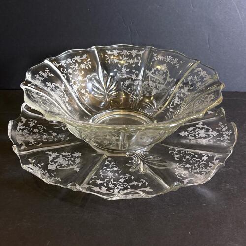 Two-Piece Etched Glass Serving Bowl and Platter Set