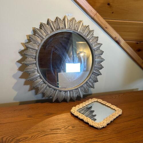 Pair of Decorative Mirrors - Round Sunburst and Rectangular Floral