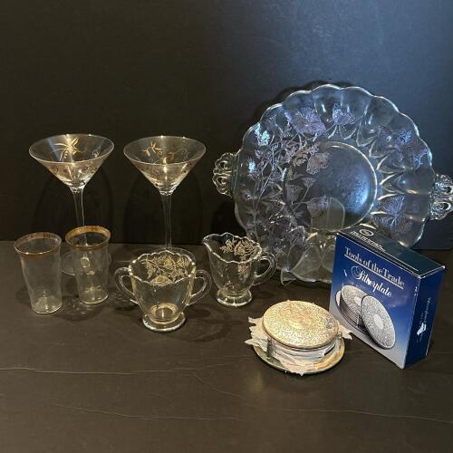 Assorted Vintage Glassware and Tools of the Trade Silverplate Coasters