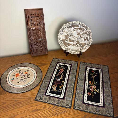 Mixed Asian Decor with Textiles, Plate and Carved Wood Book Slide