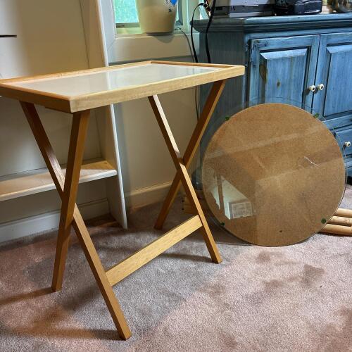 Folding Tray Table and Round Glass-Top Three-Leg Table