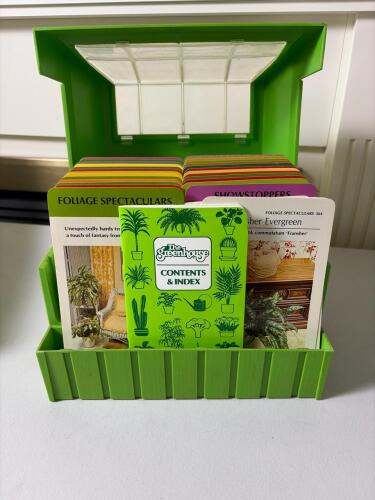 The Greenhouse Plant Care Card Library in Green Plastic Organizer