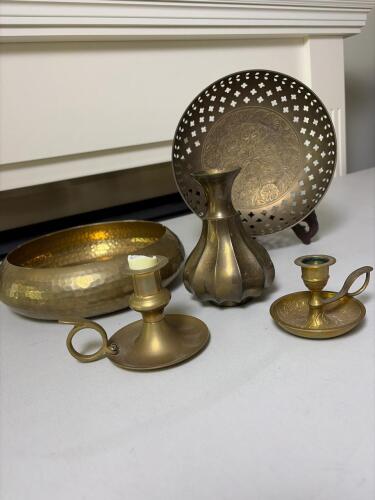 Brass Decorative Bowl, Pierced Dish and Vase, Chambersticks