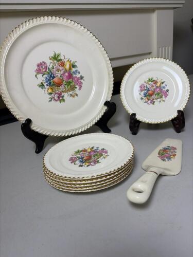 Ambrosia China Plates and Pie Server with Floral Basket Design