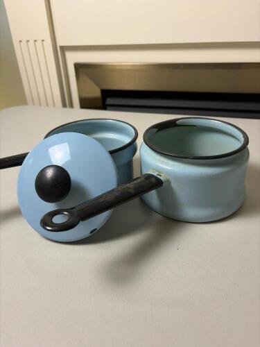 Pair of Vintage Light Blue Enamel Sauce Pans