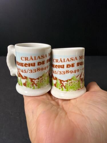Pair of Romanian Souvenir Miniature Ceramic Mugs