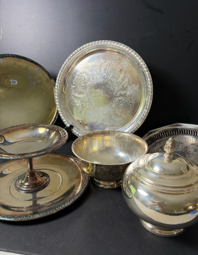 Silverplate Bowls, Trays, and Compote in Traditional Style