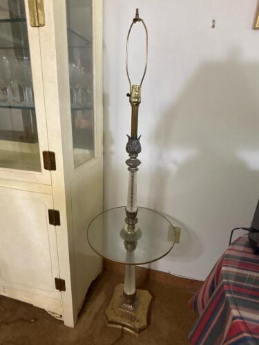 Glass and Brass Floor Lamp Table in Hollywood Regency Style