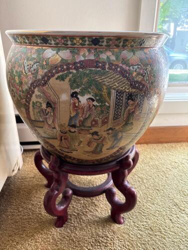 Chinese Famille Rose Fish Bowl Planter with Wooden Stand