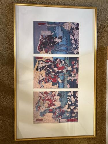 41" x 25" Framed Japanese Woodblock Print Triptych in Ukiyo-e Style