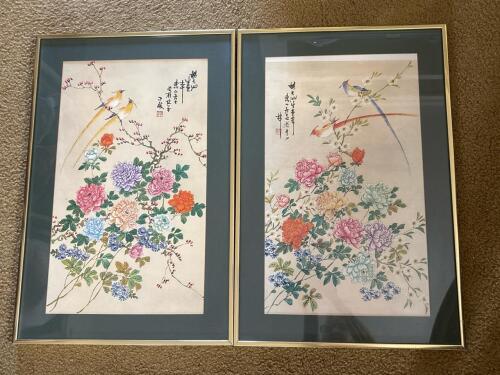 Pair of Framed Chinese-Style Floral and Bird Prints