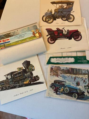 Vintage Automobile and Train Art Prints with 1974 Exxon Calendar