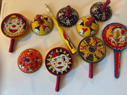 Vintage Tin Lithograph Noisemakers with Circus and Clown Motifs