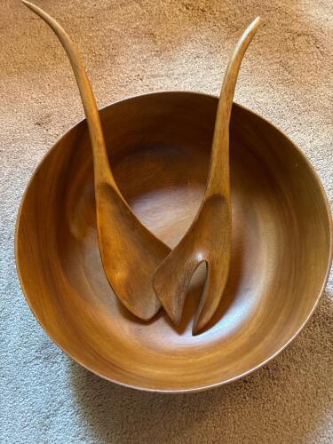 Mid-Century Modern-Style Wooden Salad Bowl with Servers