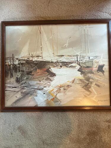 Framed Harbor Scene Oil Painting, Signed