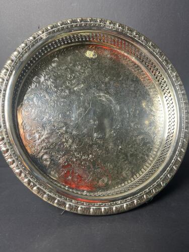 Rogers & Bro. Silverplate Round Tray with Embossed Scrollwork